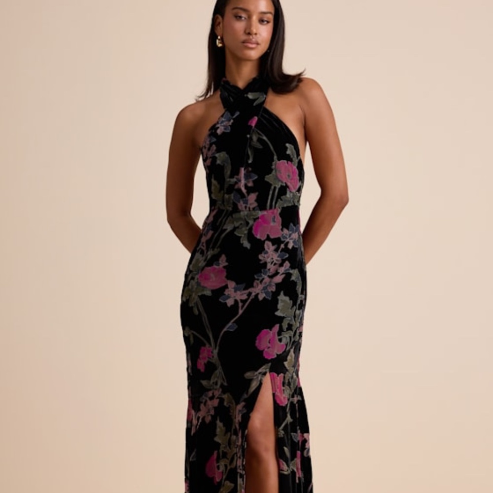 Lulus Flawlessly Gorgeous Black Burnout Floral Halter Maxi Dress - Size M